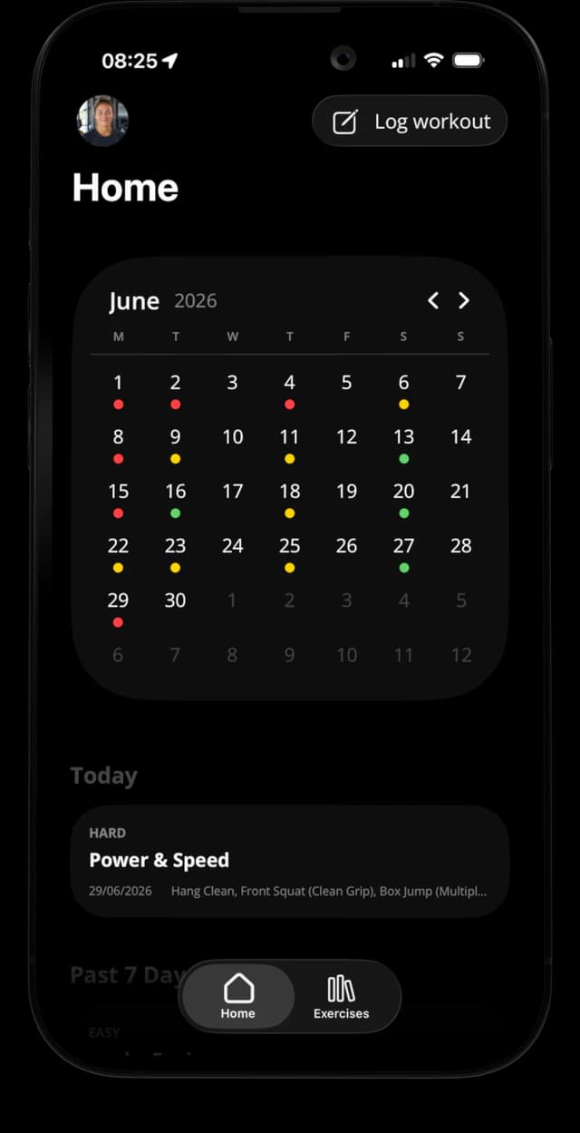 Axletic home screen showing a workout calendar and recent training sessions